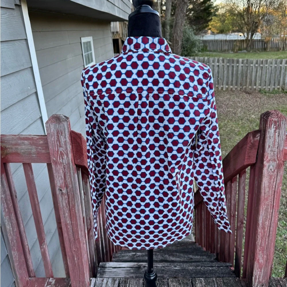 J.Crew Women’s Cotton Shirt Maroon White Navy‎ Long Sleeve Pull Over Half Button